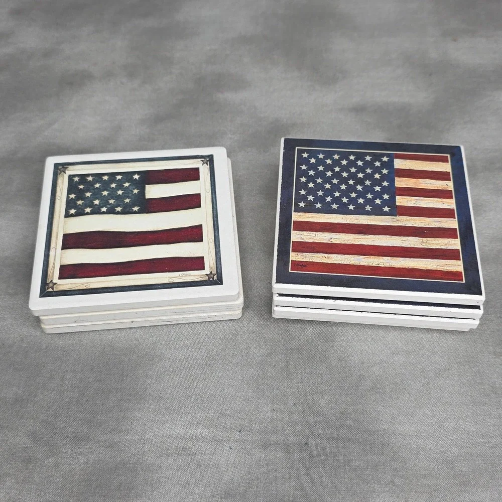 (X7)‎ Stoneware Coaster Set American Flag Patriotic Americana 2 Designs